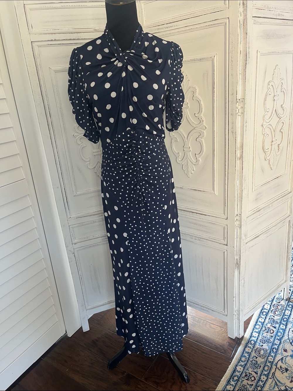 Lipsy Navy Blue and White Polka Dot Maxi Dress with Twist Neck